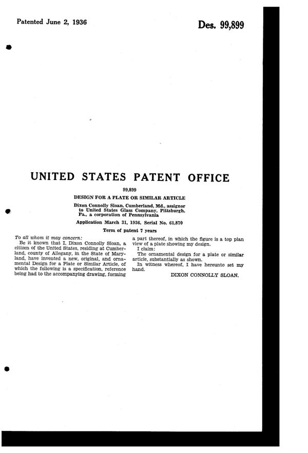 U. S. Glass Cutting on Plate Design Patent D 99899-2