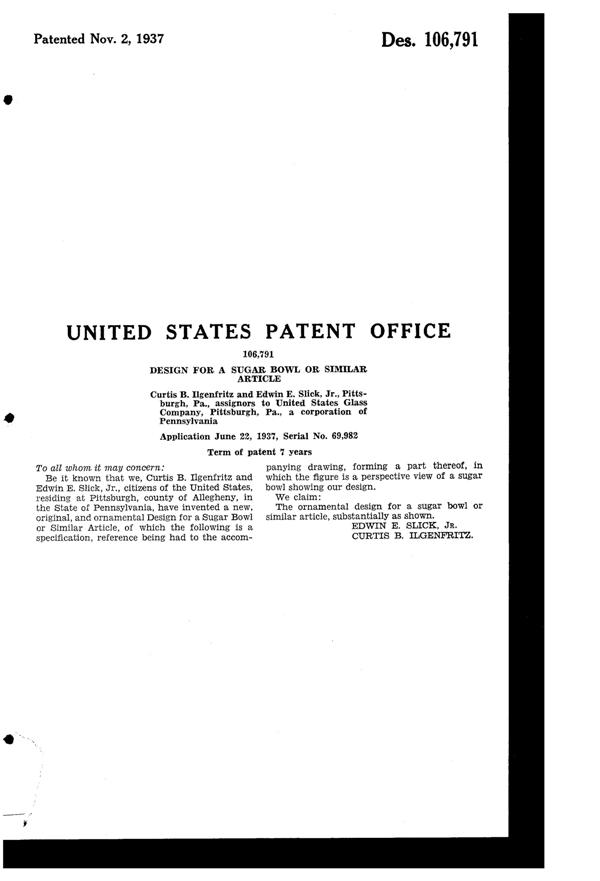 U. S. Glass #15364 Basquette Berry Sugar Design Patent D106791-2