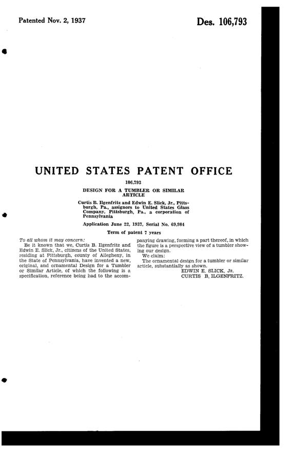 U. S. Glass #15364 Basquette Tumbler Design Patent D106793-2