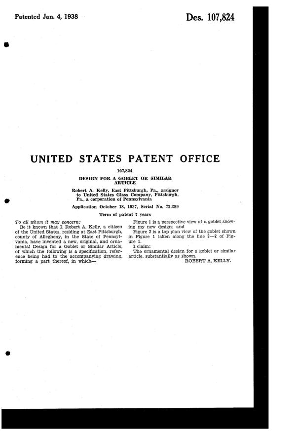 U. S. Glass Spectra Cutting #15034 Goblet Design Patent D107824-2