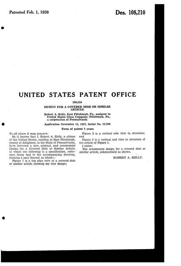 U. S. Glass #15365 Cascade Covered Dish Design Patent D108210-2