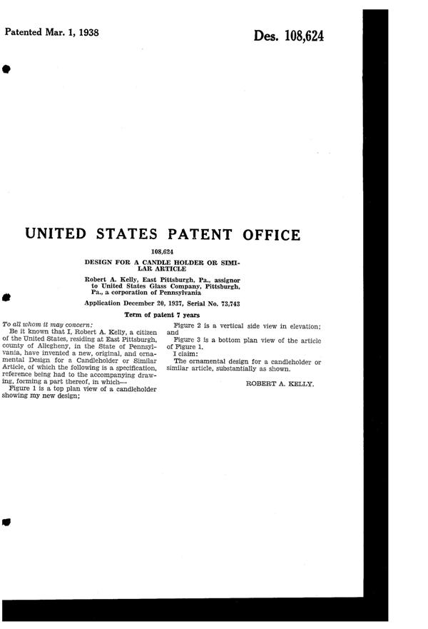 U. S. Glass Spectra Cutting on Candlestick Design Patent D108624-2