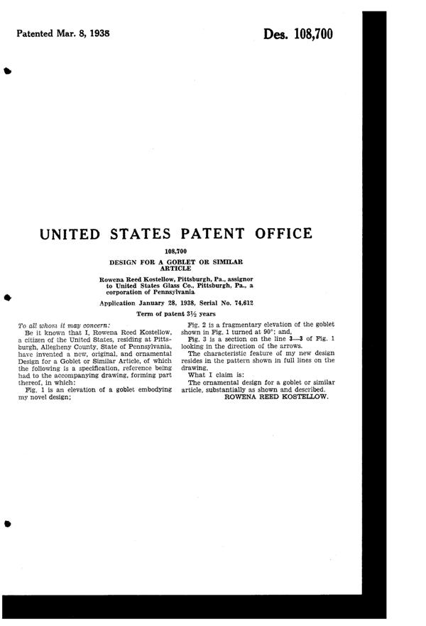 U. S. Glass Elysia Cutting on #17323 Goblet Design Patent D108700-2