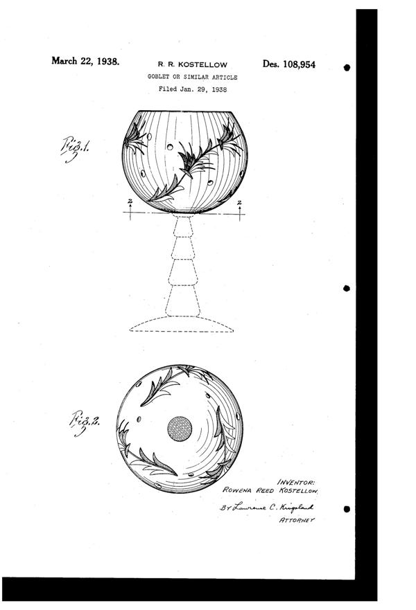 U. S. Glass Cutting on #15365 Cascade Goblet Design Patent D108954-1
