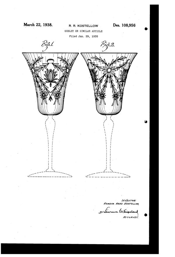 U. S. Glass Floral Cutting on Goblet Design Patent D108956-1