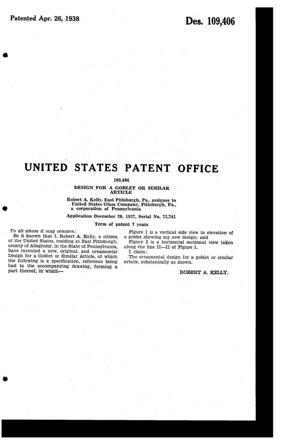 U. S. Glass Spectra Cutting on #15034 Goblet Design Patent D109406-2