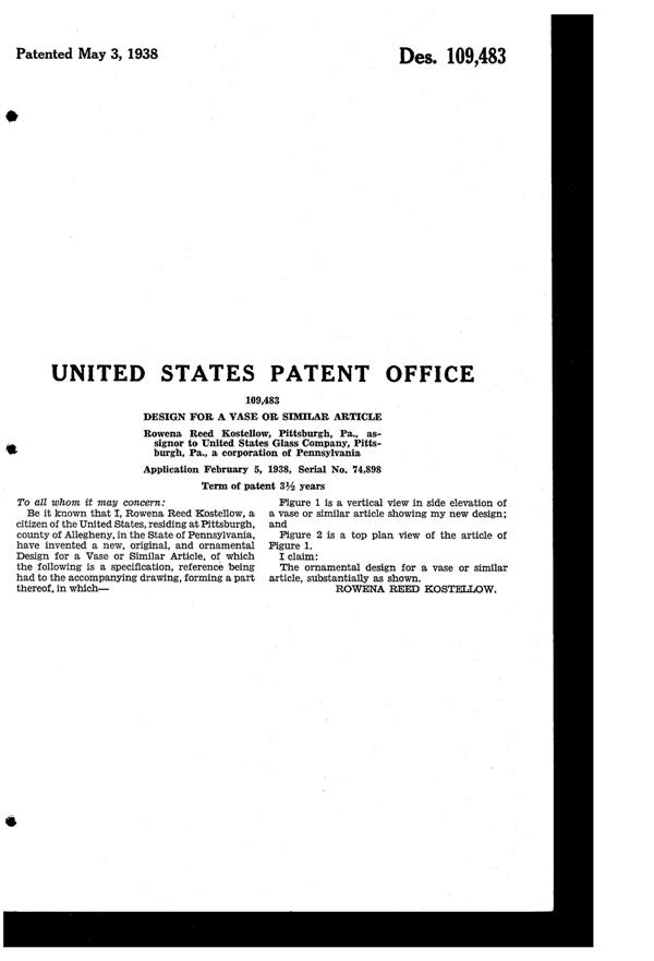U. S. Glass Guild Gossamer Vase Design Patent D109483-2