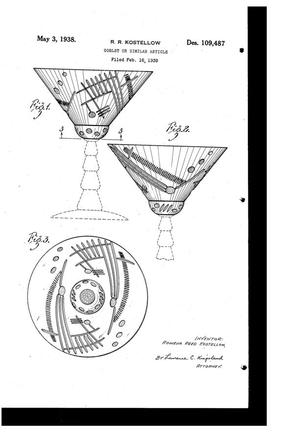 U. S. Glass Cutting on Goblet Design Patent D109487-1