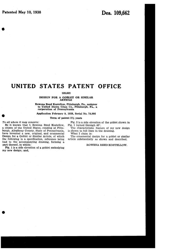 U. S. Glass Cutting on Goblet Design Patent D109662-2
