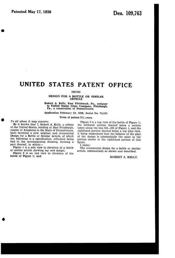 U. S. Glass #15365 Cascade Bottle Design Patent D109763-2
