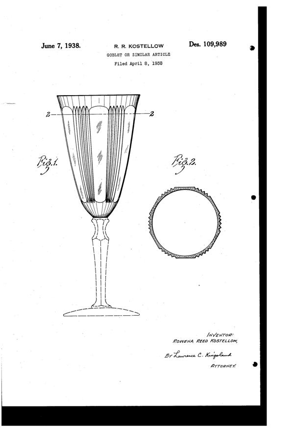 U. S. Glass Pleat & Panel Cutting on #15034 Goblet Design Patent D109989-1