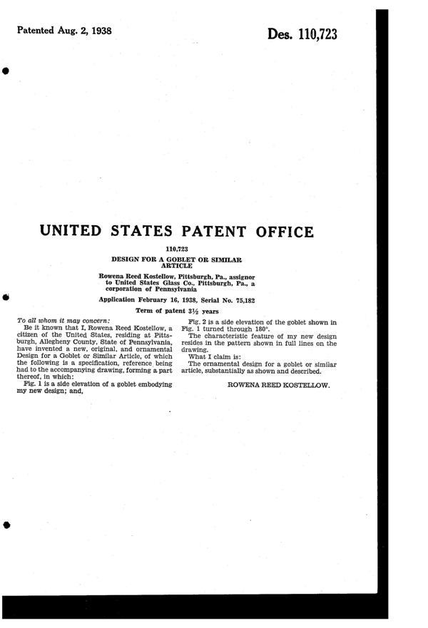U. S. Glass Carnival Cutting on Goblet Design Patent D110723-2