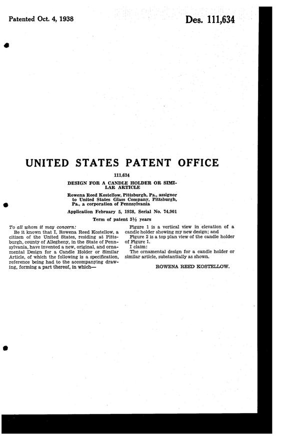 U. S. Glass Guild Gossamer Candlestick Design Patent D111634-2