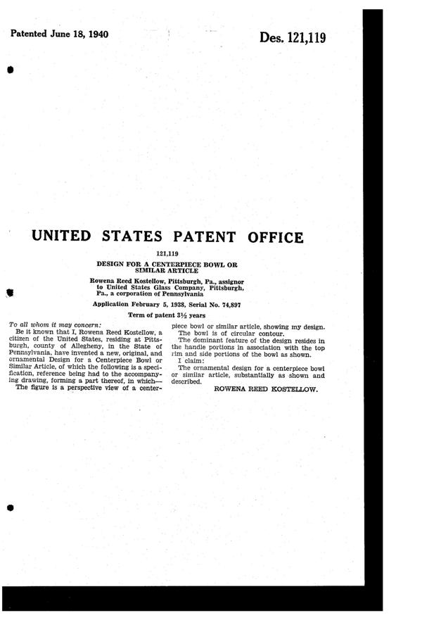 U. S. Glass Guild Gossamer Bowl Design Patent D121119-2