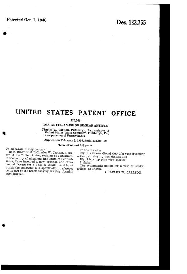 U. S. Glass #17350 Bud Vase Design Patent D122765-2