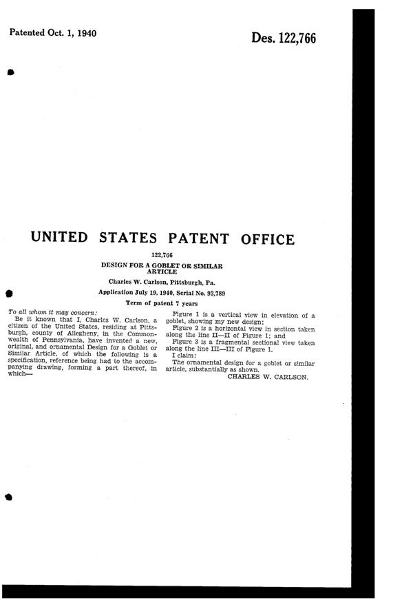 U. S. Glass #17358 Goblet Design Patent D122766-2