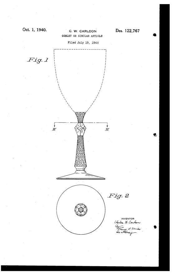 U. S. Glass #17359 Goblet Design Patent D122767-1