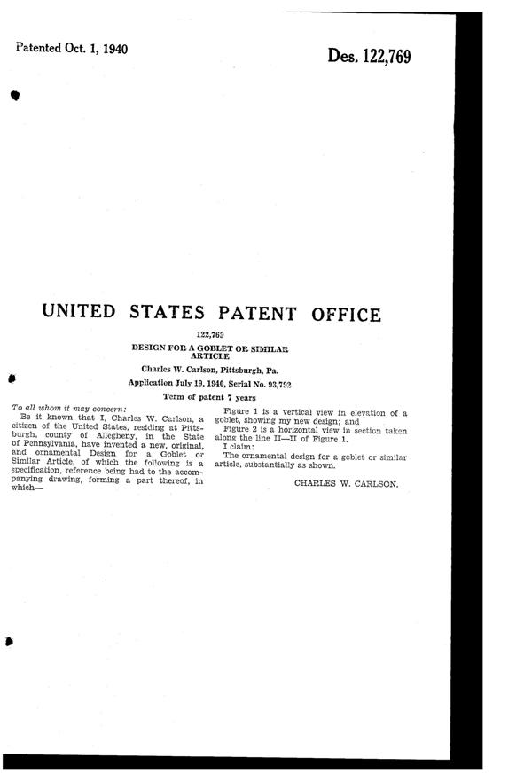U. S. Glass #17371 Goblet Design Patent D122769-2