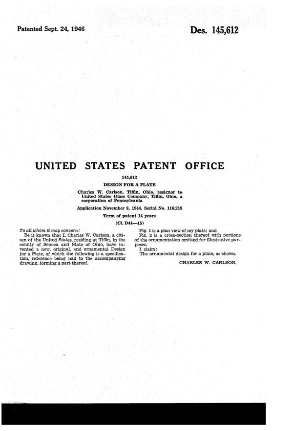 U. S. Glass Decorated Plate Design Patent D145612-2