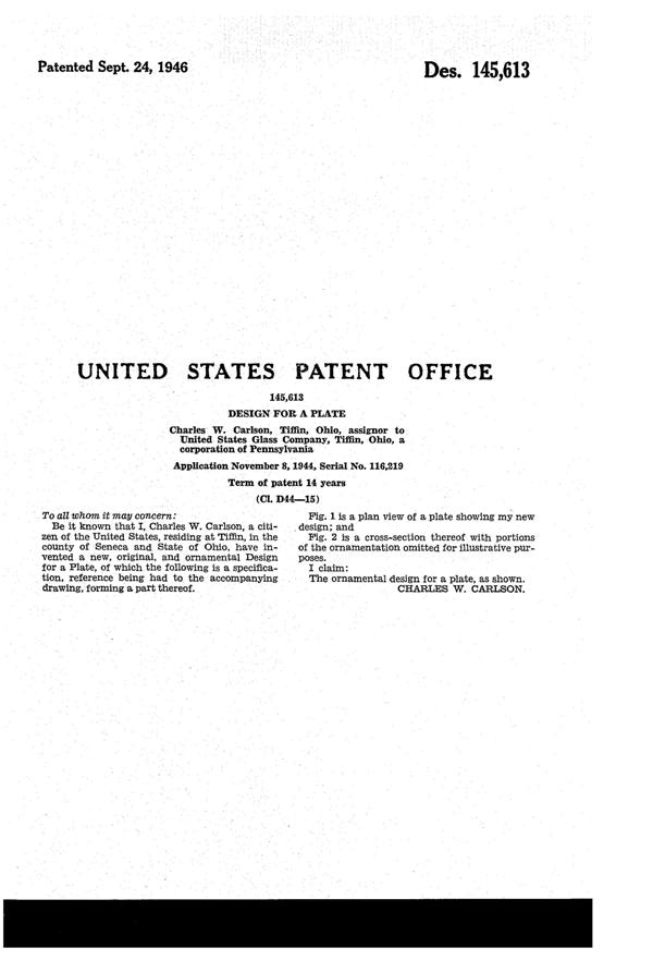 U. S. Glass Decorated Plate Design Patent D145613-2