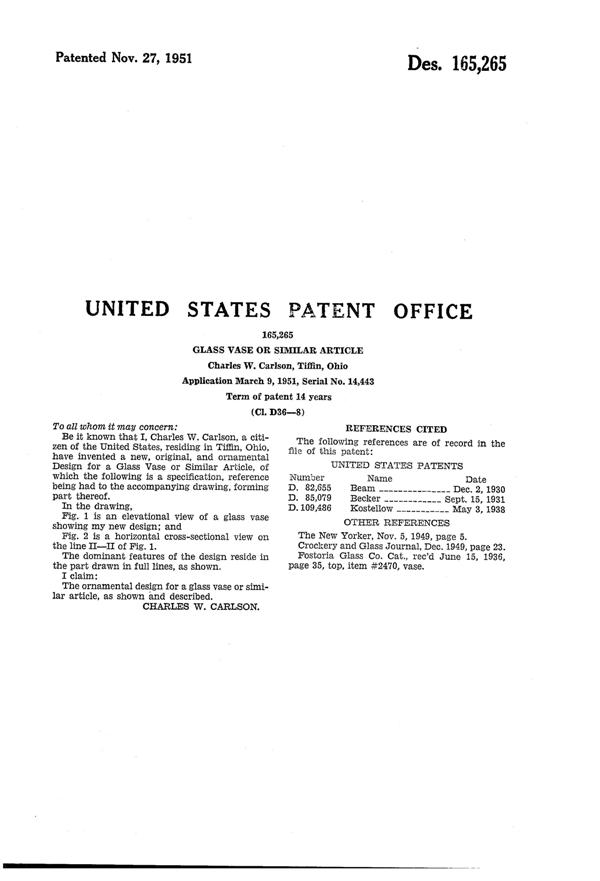 U. S. Glass Vase Design Patent D165265-2