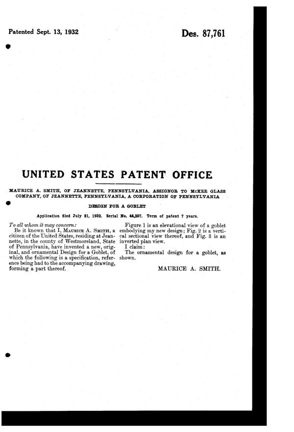 McKee Goblet Design Patent D 87761-2