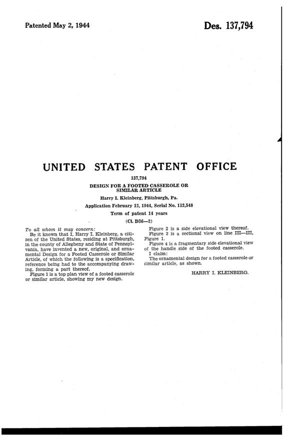 McKee Casserole Design Patent D137794-2