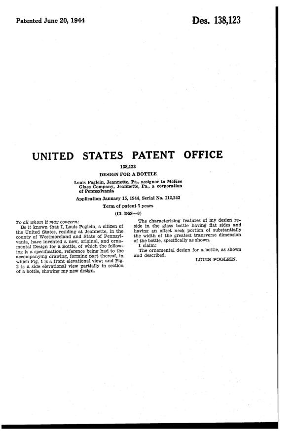 McKee Bottle Design Patent D138123-2