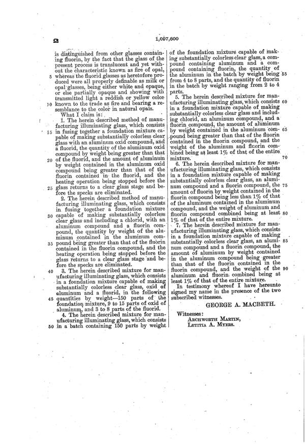MacBeth-Evans Illuminating Glass Patent 1097600-2