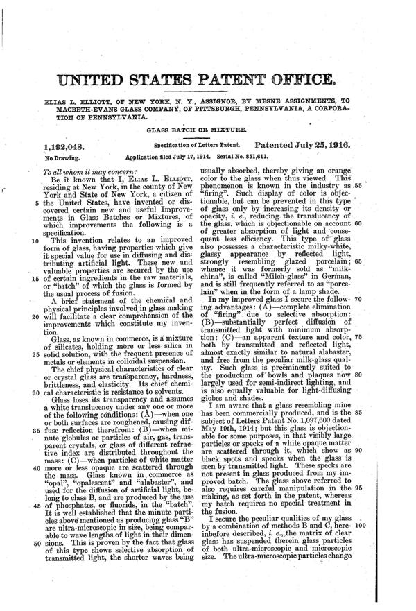 MacBeth-Evans Light Diffusing Glass Patent 1192048-1