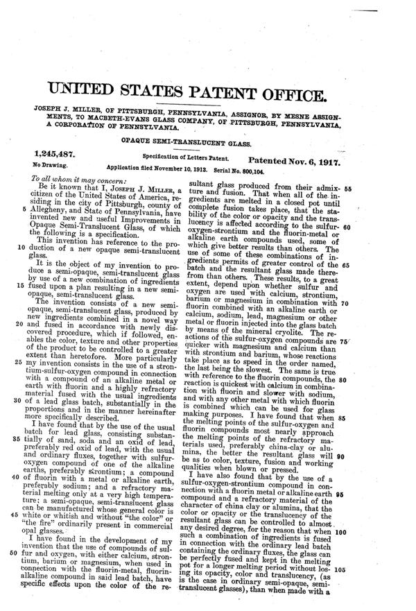 MacBeth-Evans Opaque Glass Patent 1245487-1