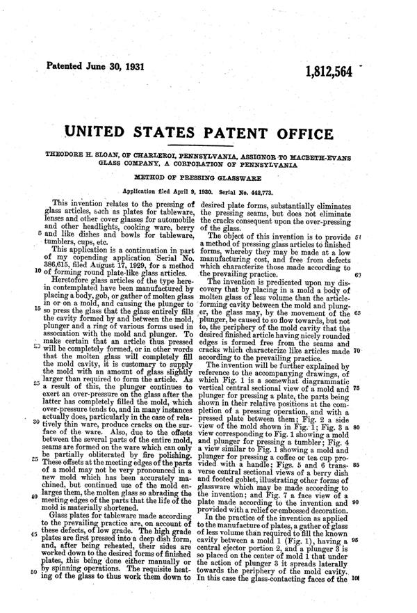 MacBeth-Evans Method of Pressing Glass Patent 1812564-4