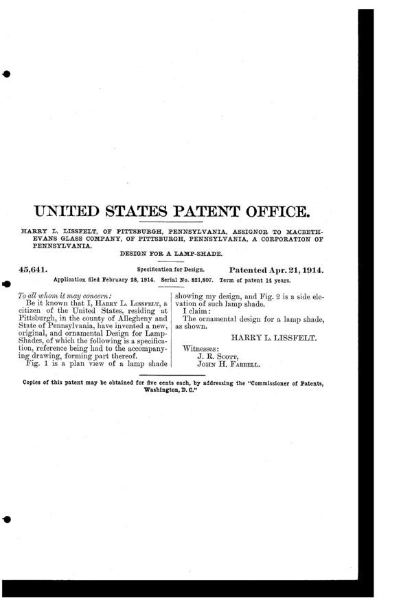 MacBeth-Evans Light Fixture Shade Design Patent D 45641-3