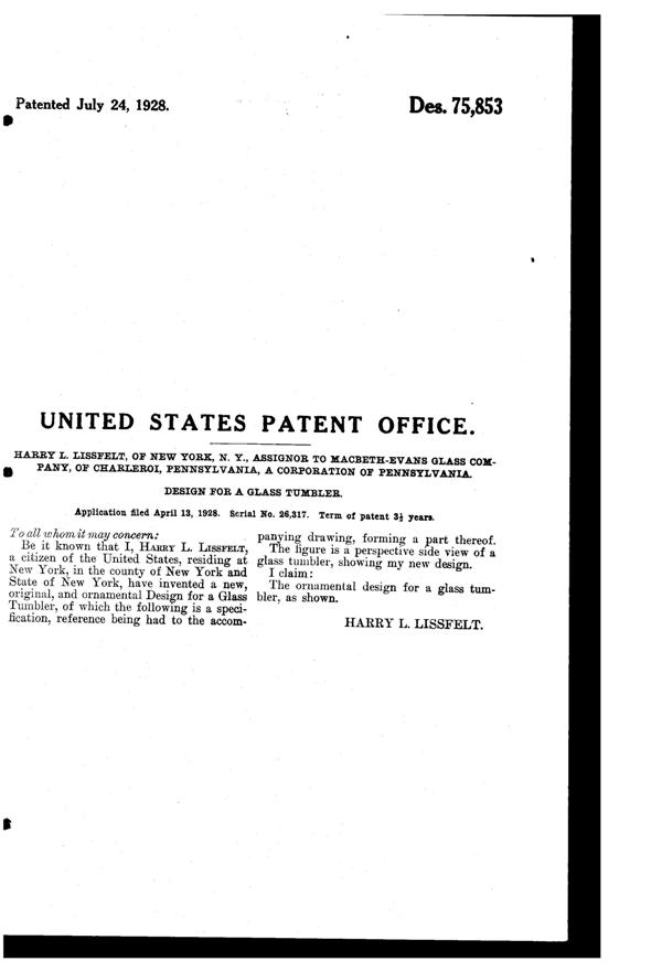 MacBeth-Evans Crystal Leaf Tumbler Design Patent D 75853-2