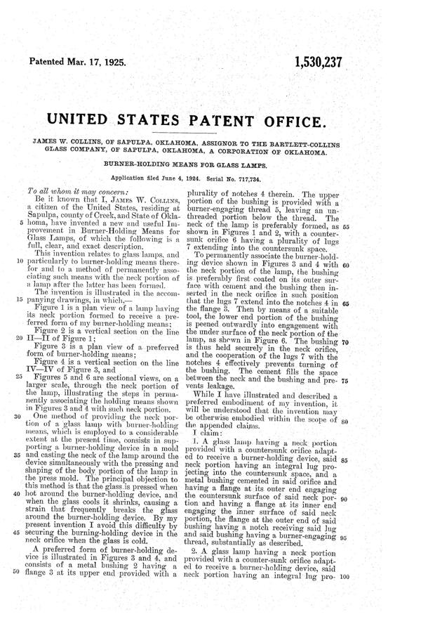 Bartlett Collins Lamp Burner Holder Patent 1530237-2