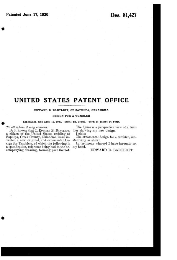 Bartlett Collins Tumbler Design Patent D 81427-2