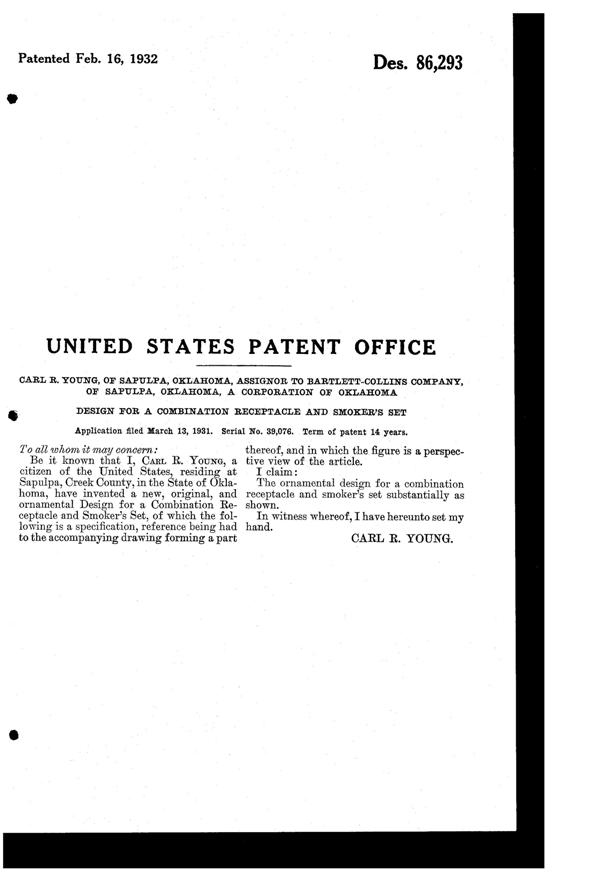 Bartlett Collins Ash Tray Combination Design Patent D 86293-2