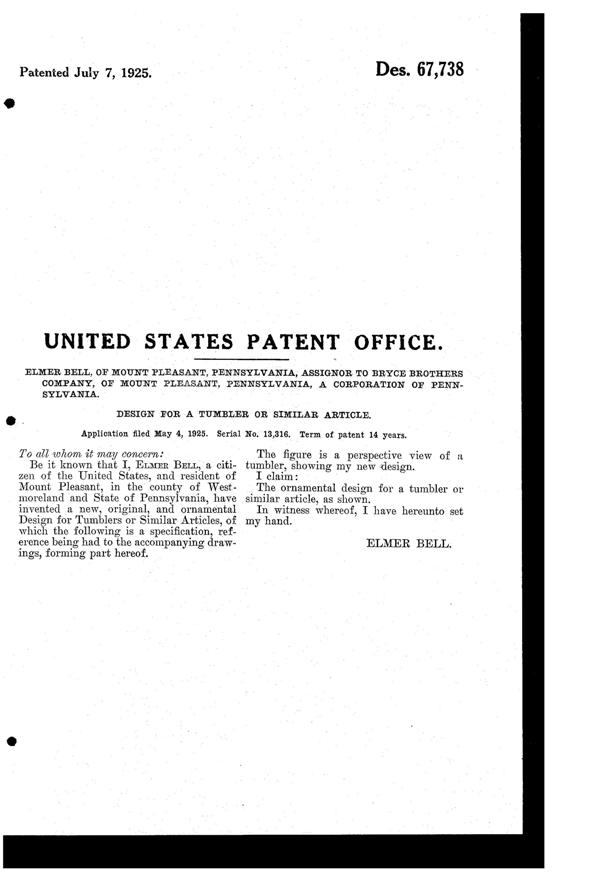 Bryce Tumbler Design Patent D 67738-2