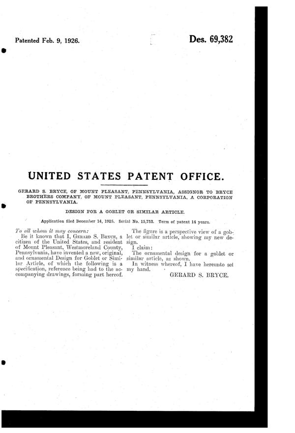 Bryce Goblet Design Patent D 69382-2