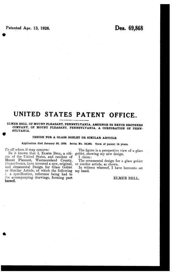 Bryce # 628 Goblet Design Patent D 69868-2