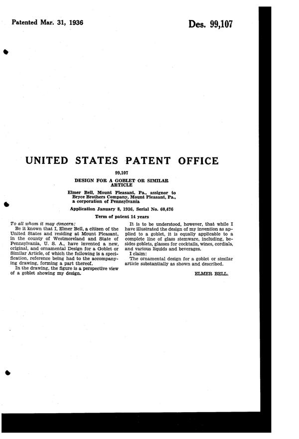 Bryce # 829 Goblet Design Patent D 99107-2
