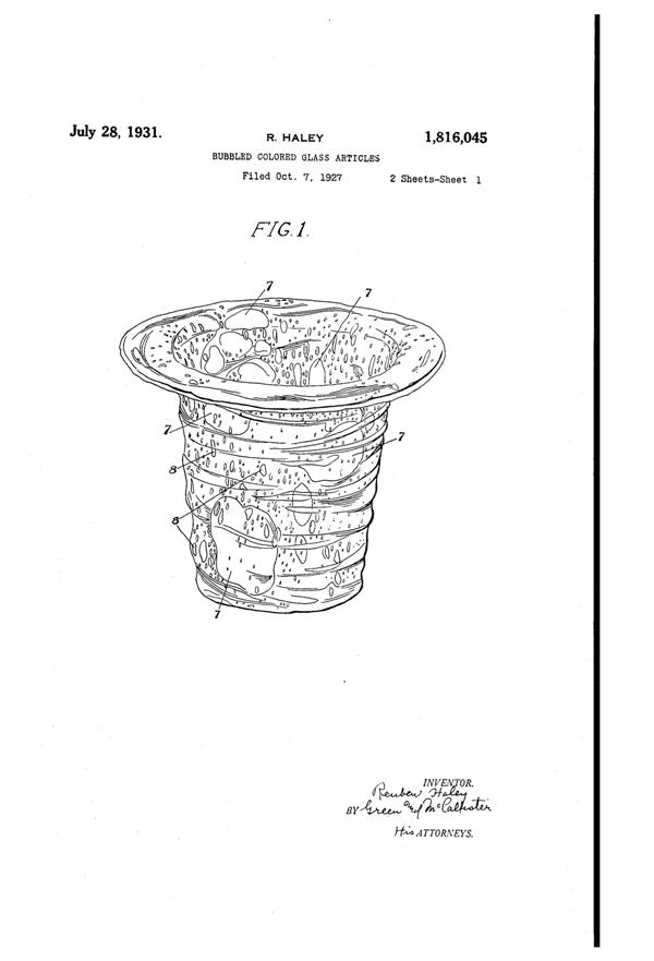 Consolidated #1100 Catalonian Colored Bubbled Glass Patent 1816045-1