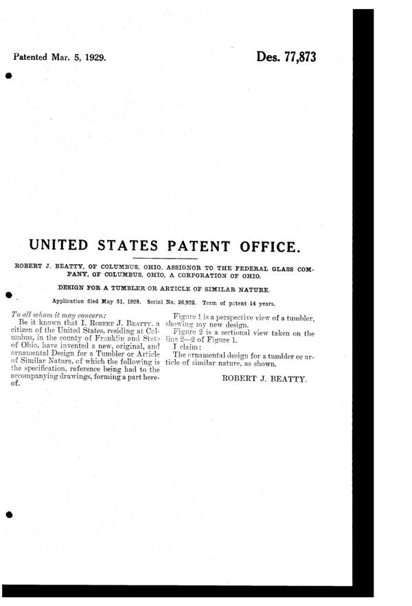 Federal Honeycomb Tumbler Design Patent D 77873-2