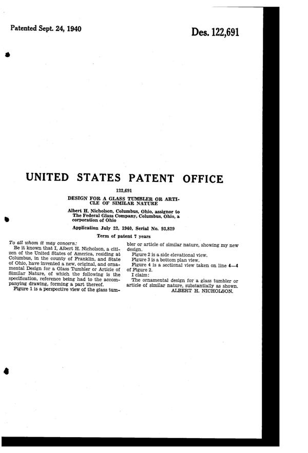 Federal Park Avenue Tumbler Design Patent D122691-2