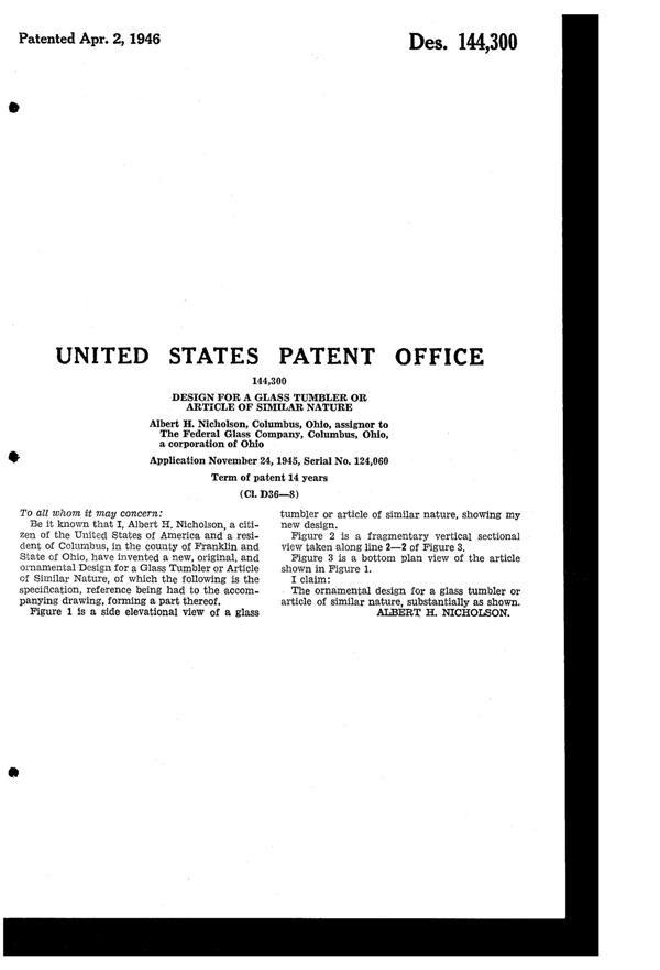Federal Tumbler Design Patent D144300-2