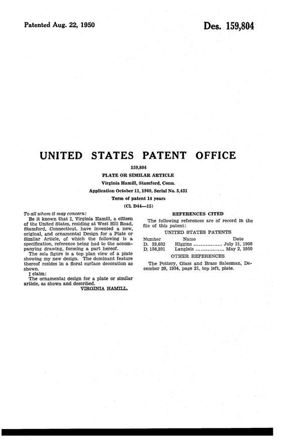 Federal Plate Design Patent D159804-2