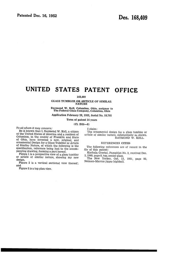 Federal Tumbler Design Patent D168409-2