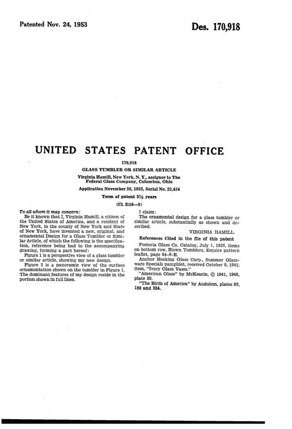 Federal Audubon Nashville Warbler Tumbler Design Patent D170918-2