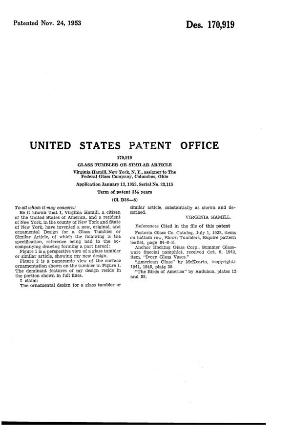 Federal Audubon Baltimore Oriole Tumbler Design Patent D170919-2