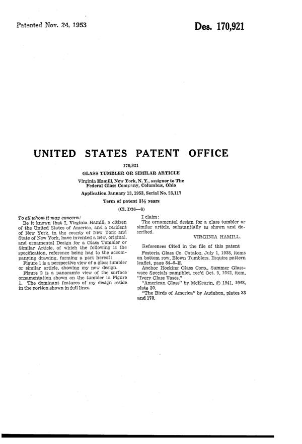 Federal Audubon American Goldfinch Tumbler Design Patent D170921-2